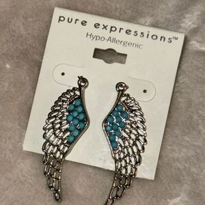 Angel wing earrings with blue stone embellishments